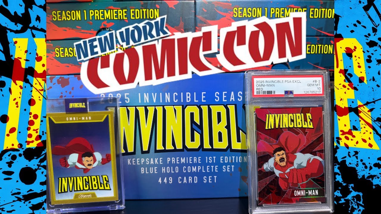 Распаковка карточек Invincible NYCC 2025 – ЗОЛОТОЙ Omni-Man /10, PSA 10s и набор синих голографич...