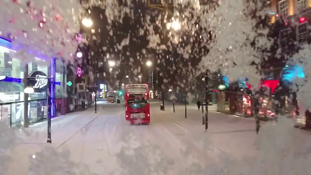 London by bus, Oxford Street Square snowy at night, 28 february 2018