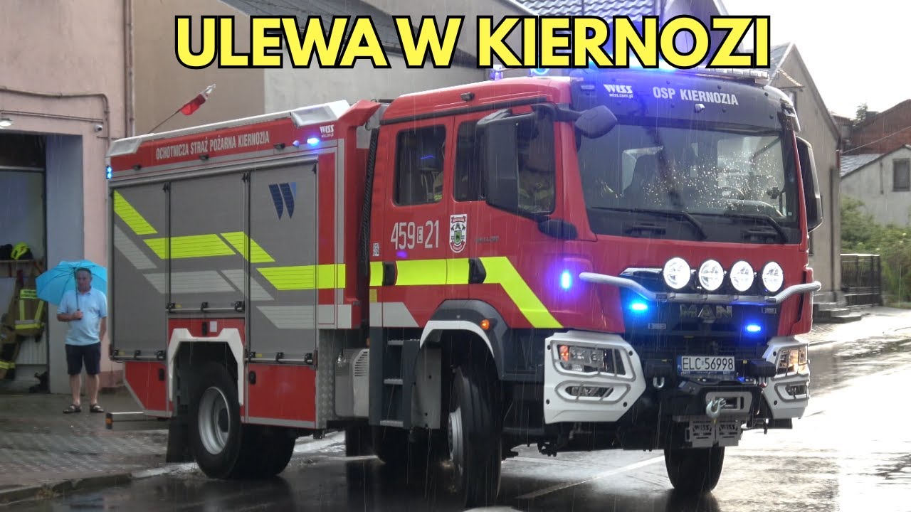 Alarmowanie i wyjazd 2 zastępów GBA z OSP Kiernozia i przejazdy innych OSP do usuwania skutków ulewy