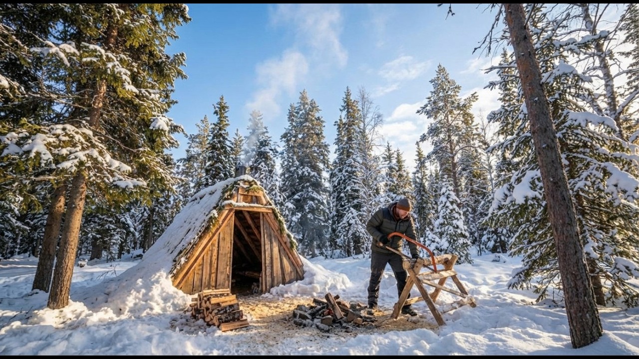 Forest Shelter in a Winter Forest. Warmth in the Cold