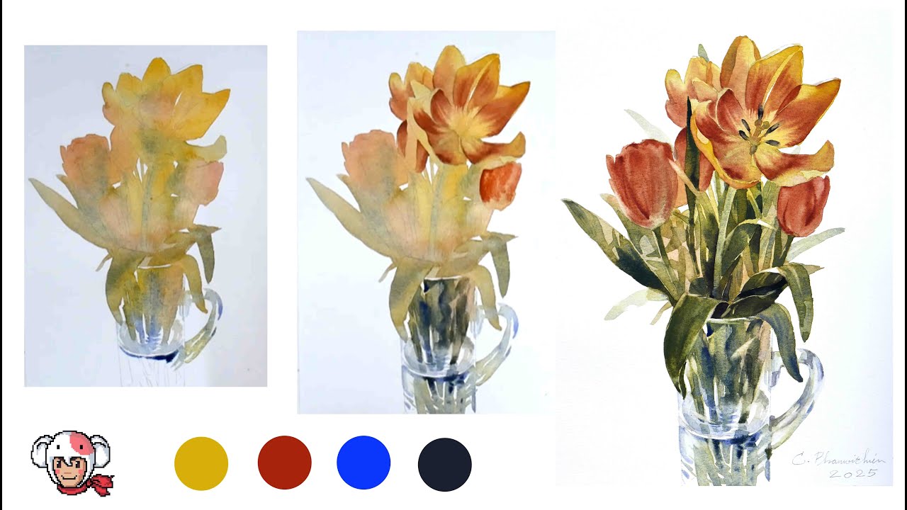 How to Paint Beautiful Flowers,Tulips  Step by Step, Watercolour
