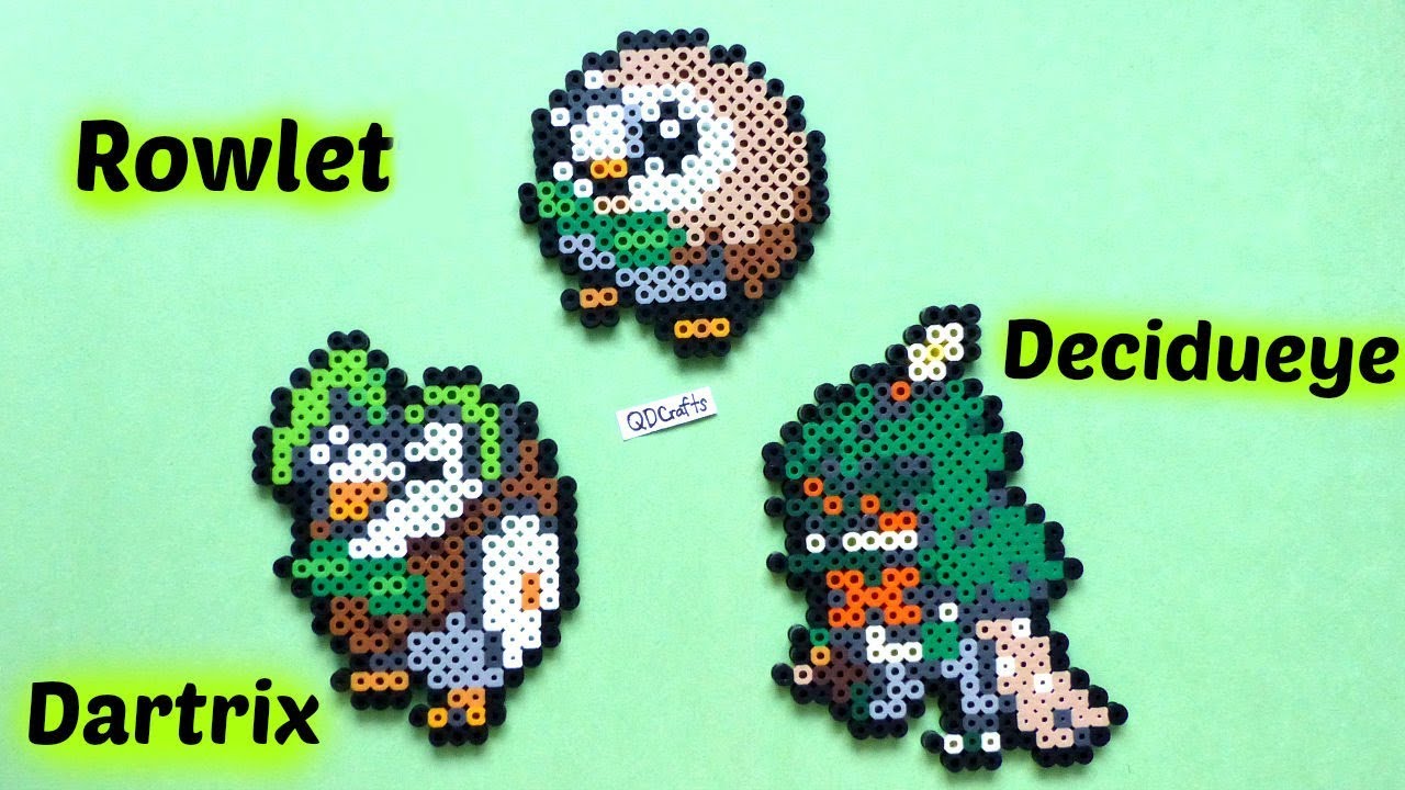 Perler Bead Pokémon: Rowlet, Dartrix, Decidueye Evolution Sprites