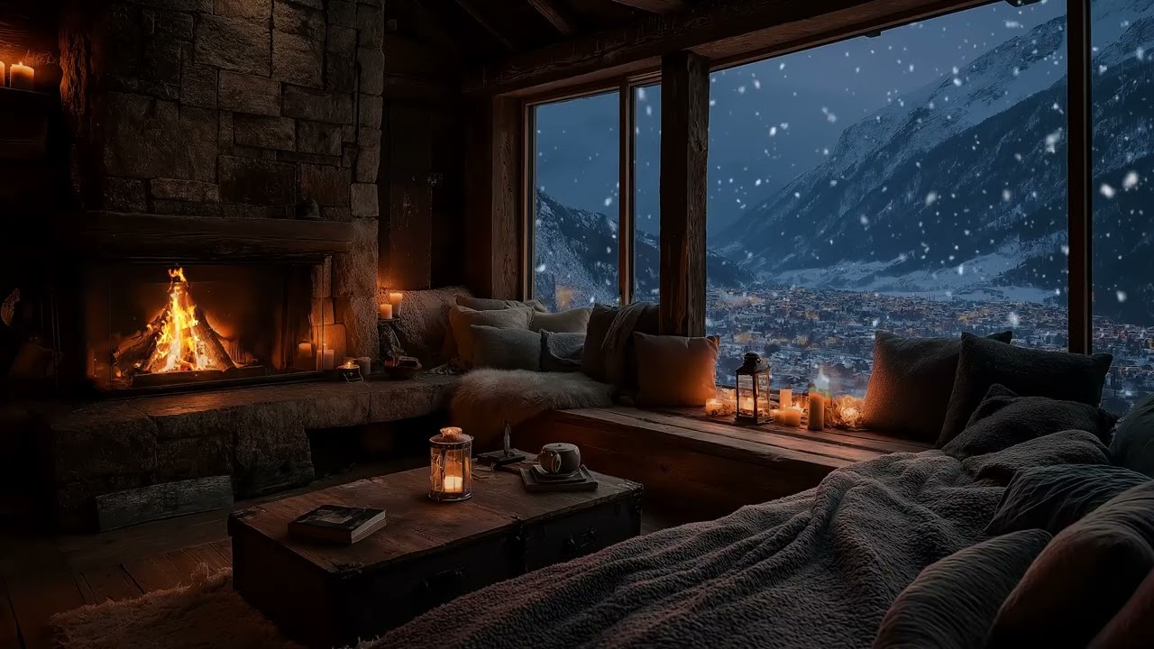 Wind Sweeping Through the Night with Fireplace Sounds for Calm Reflection