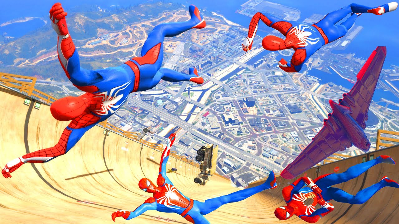 GTA 5 SPIDERMAN Mega Ramp Crash tests/jumps Ragdolls