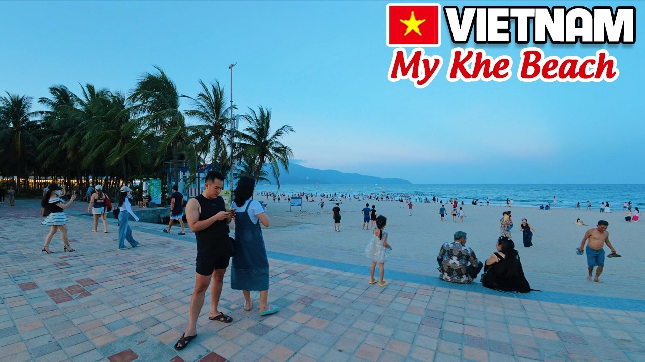 My Khe Beach at 5:45 P.M - Cool Weather, So Busy with A Lot of People Chilling at Da Nang Vietnam