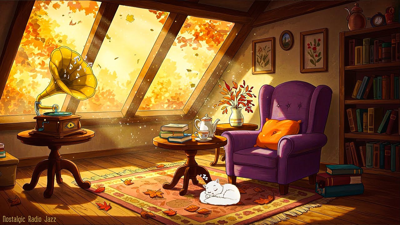 🍂 autumn 1950s attic reading nook | vintage oldies music playing in another room for sleep & relax