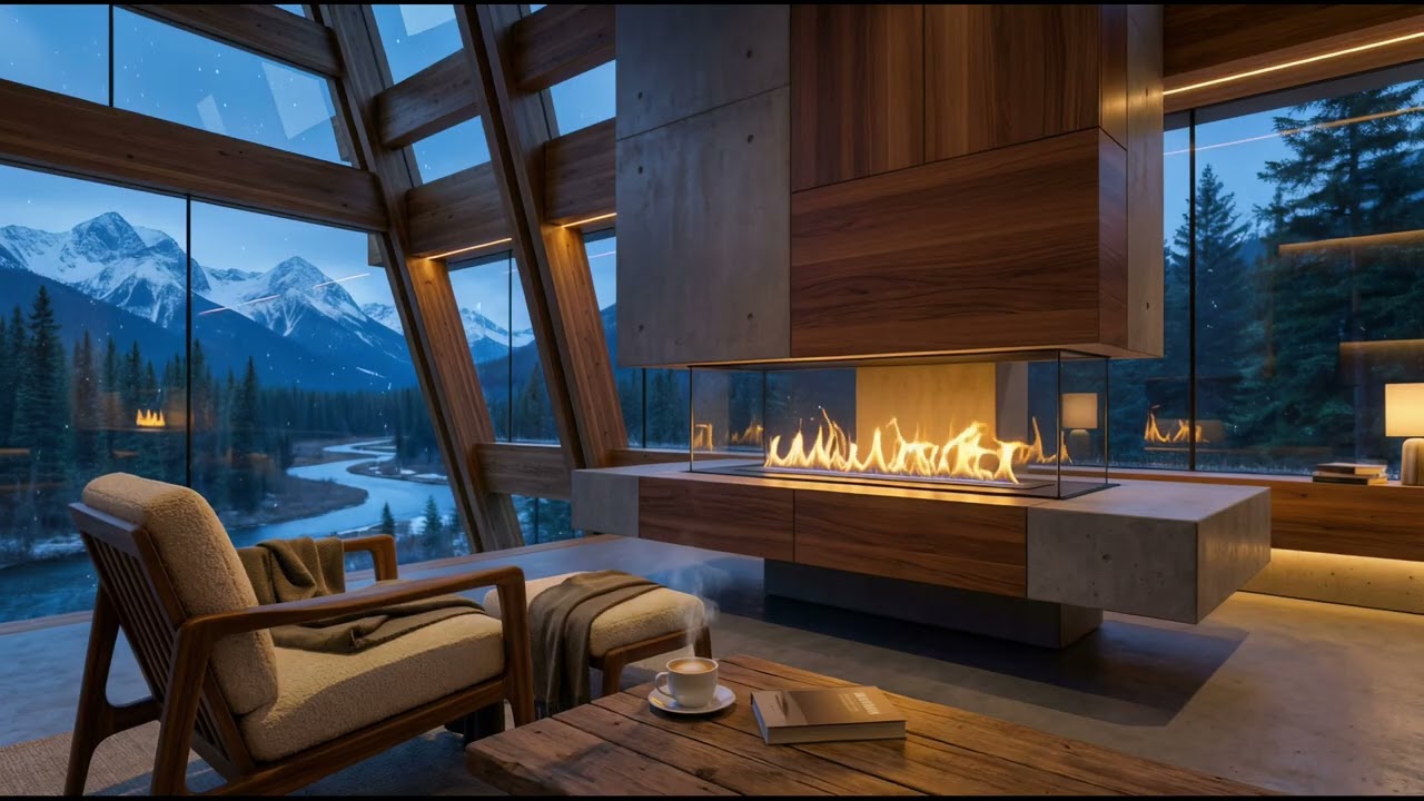 Modern Glass Cabin 🏔 Emotional Piano for Sleep & Study 💤 Blue Hour View [4K]