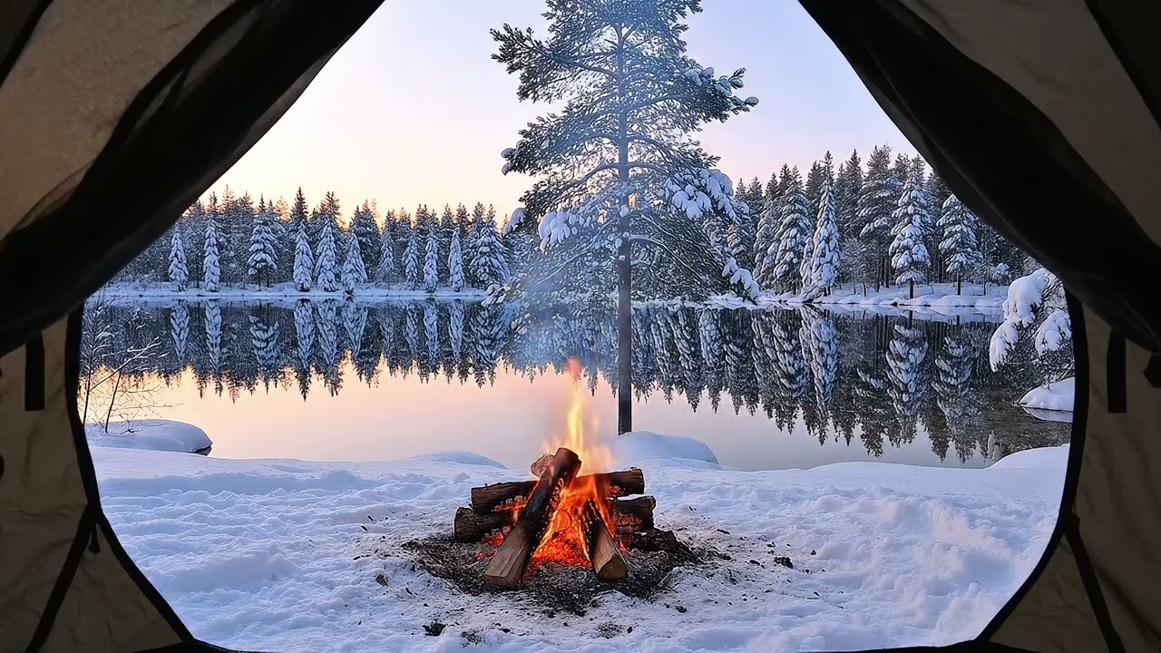 Calm and Relaxing Winter Morning Ambience – View from the Tent with burning fire and Birds singing