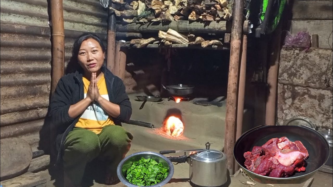 Buff Meat & Mustard Greens(Rayo ko Saag) Mix Curry Simple Cooking In Village Kitchen