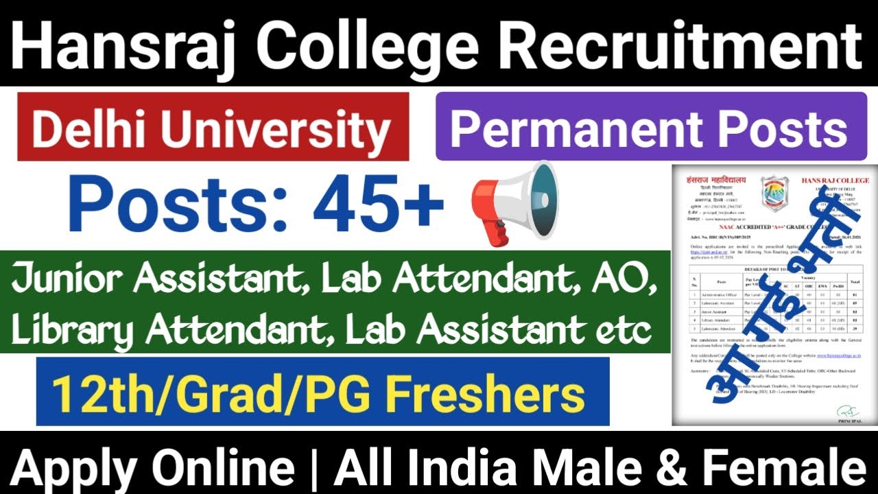📢Big Update : Hansraj College Recruitment 2026 | DU-Hansraj College Non Teaching Vacancy 2026