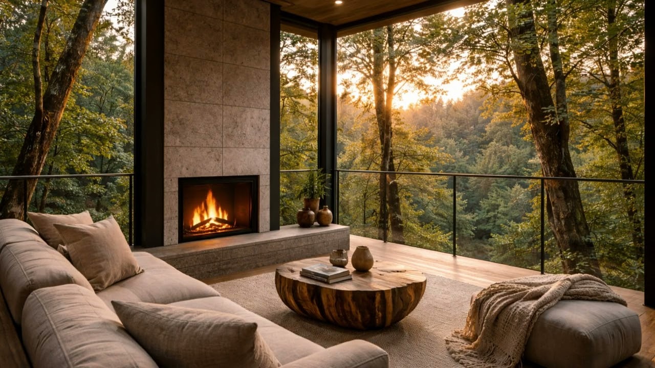 Modern Glass Treehouse | Crackling Fireplace Sounds | 3 Hours Cozy Forest Ambience