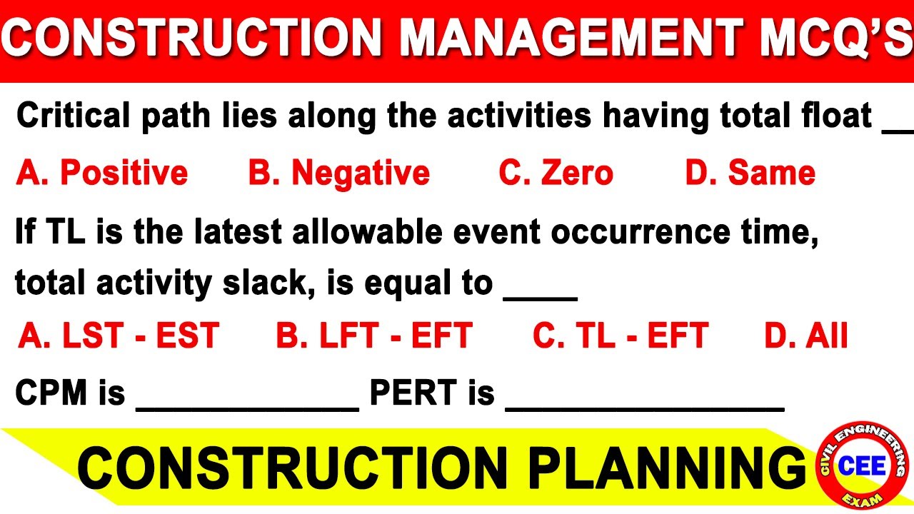 construction planning and scheduling mcq | MCQ on Construction management | CPM, PERT MCQ | planning