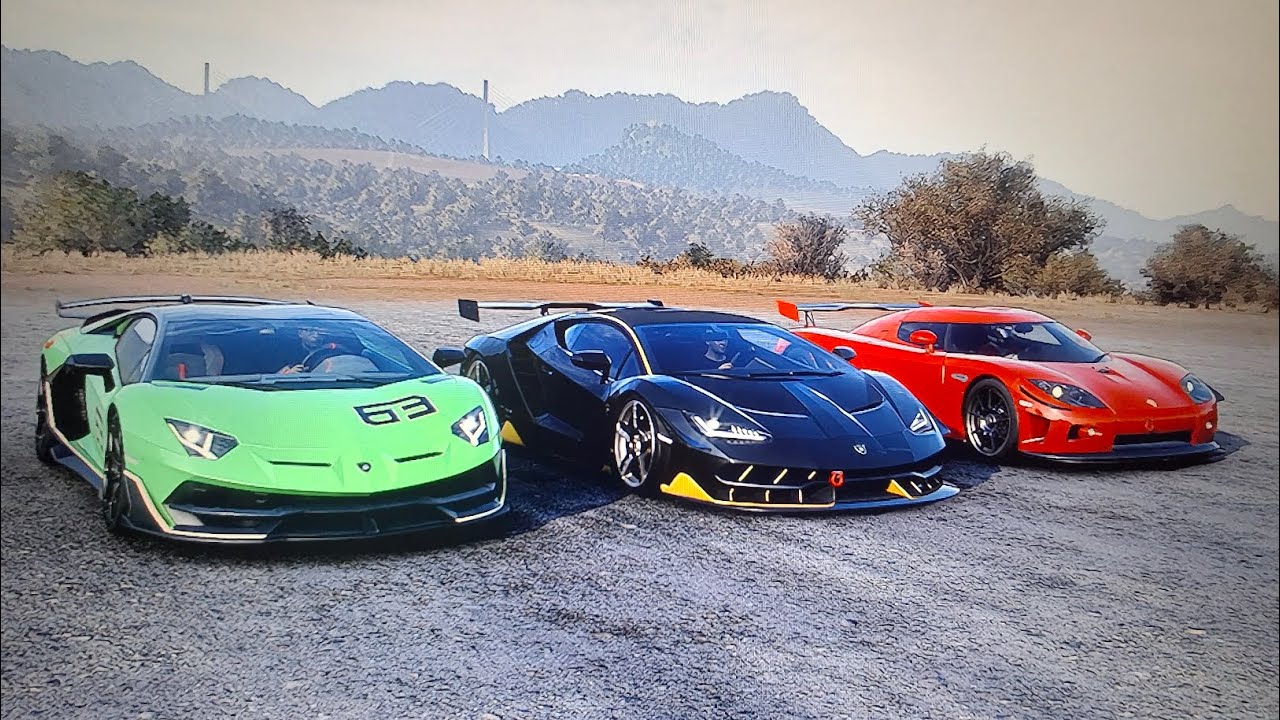 Forza Horizon 5 drag race Lamborghini Aventador SVJ vs Lamborghini Centenario vs Koenigsegg CCX 