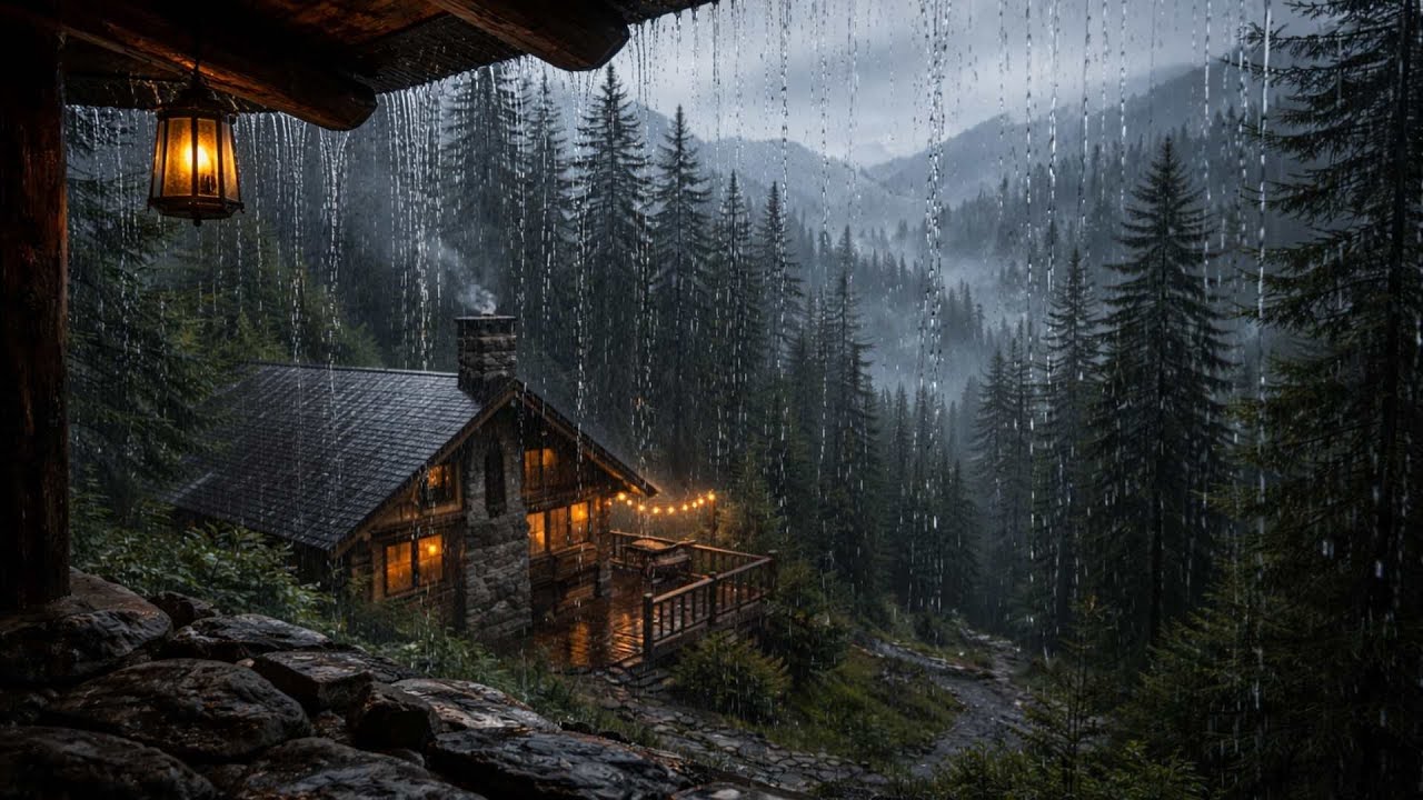 Rainy Cabin Ambience 🌧️ | Mountain Forest Rain | Relax, Sleep & Study (1 Hour)