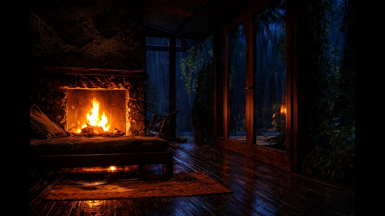 Rainstorm & Fireplace in a Cozy Forest Cabin – ASMR Sounds for Deep Sleep (8 Hours)