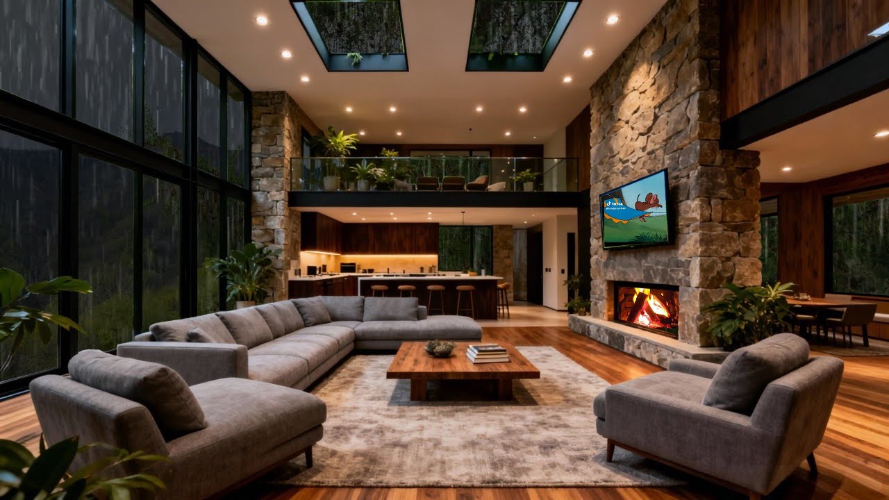 Rain Sounds in a Luxury Living Room 🌧️ Fireplace Ambience for Deep Sleep, Relaxation & Study (4K)