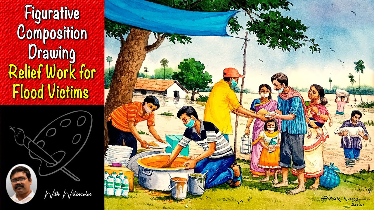 Flood Victims Drawing Step By Step With Watercolor | Flood Drawing | Figurative Composition Drawing