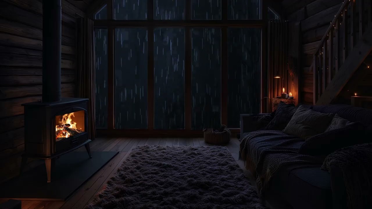 Cozy Warm Cabin 🔥 Crackling Wood Stove | Dark, Wet & Scary Night Outside 🌧️