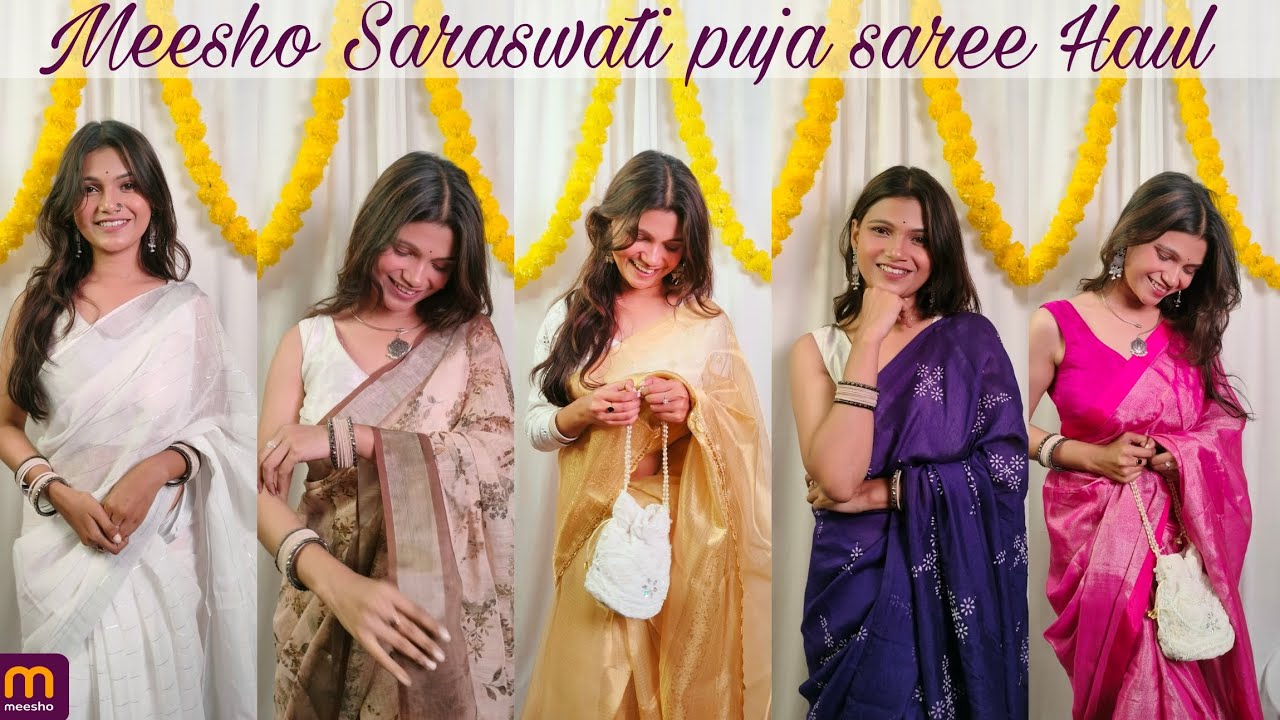 Meesho Saraswati puja saree Haul under 500₹ 😍 Saraswati puja saree lookbook 😍