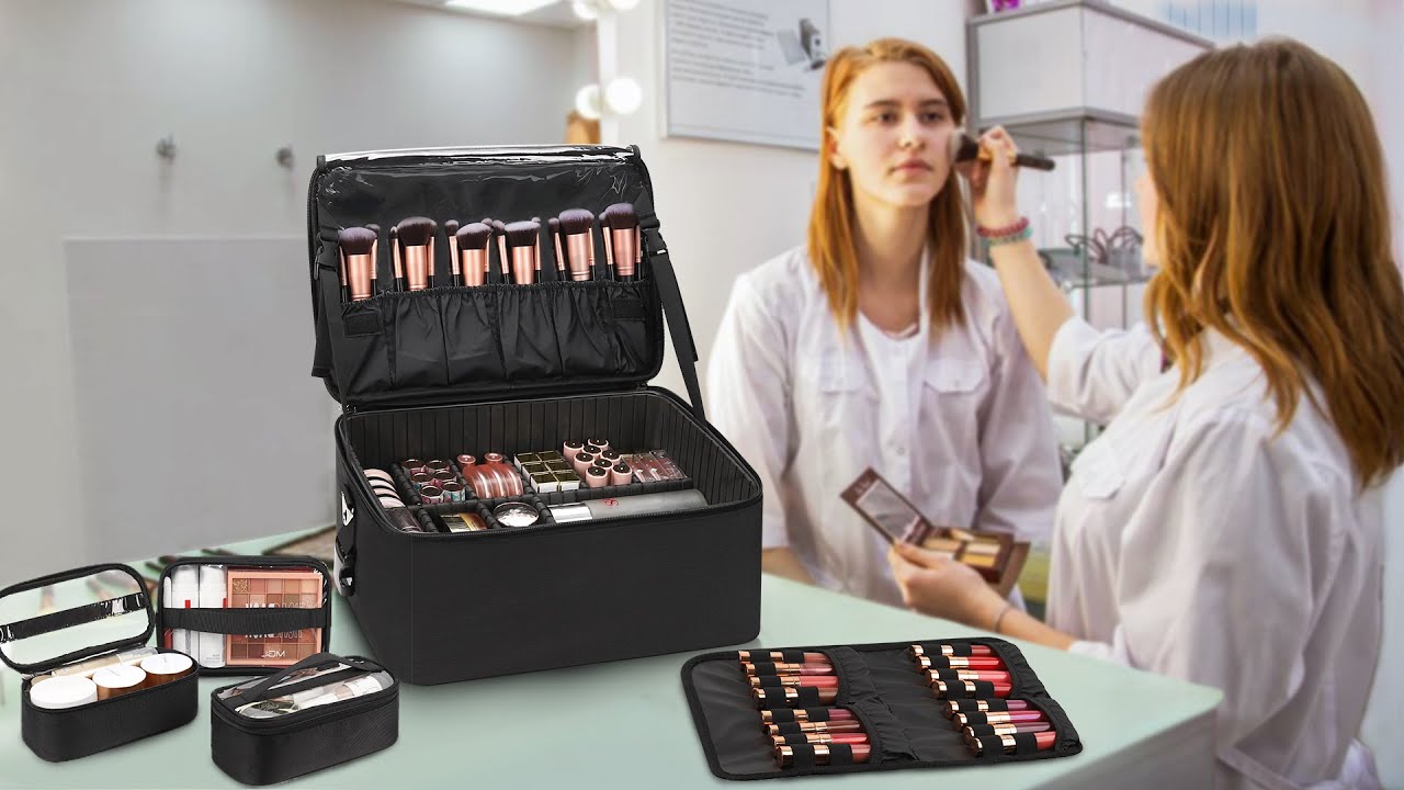 Extra Large Makeup Case with 3 Clear Bags and Lipstick Plate