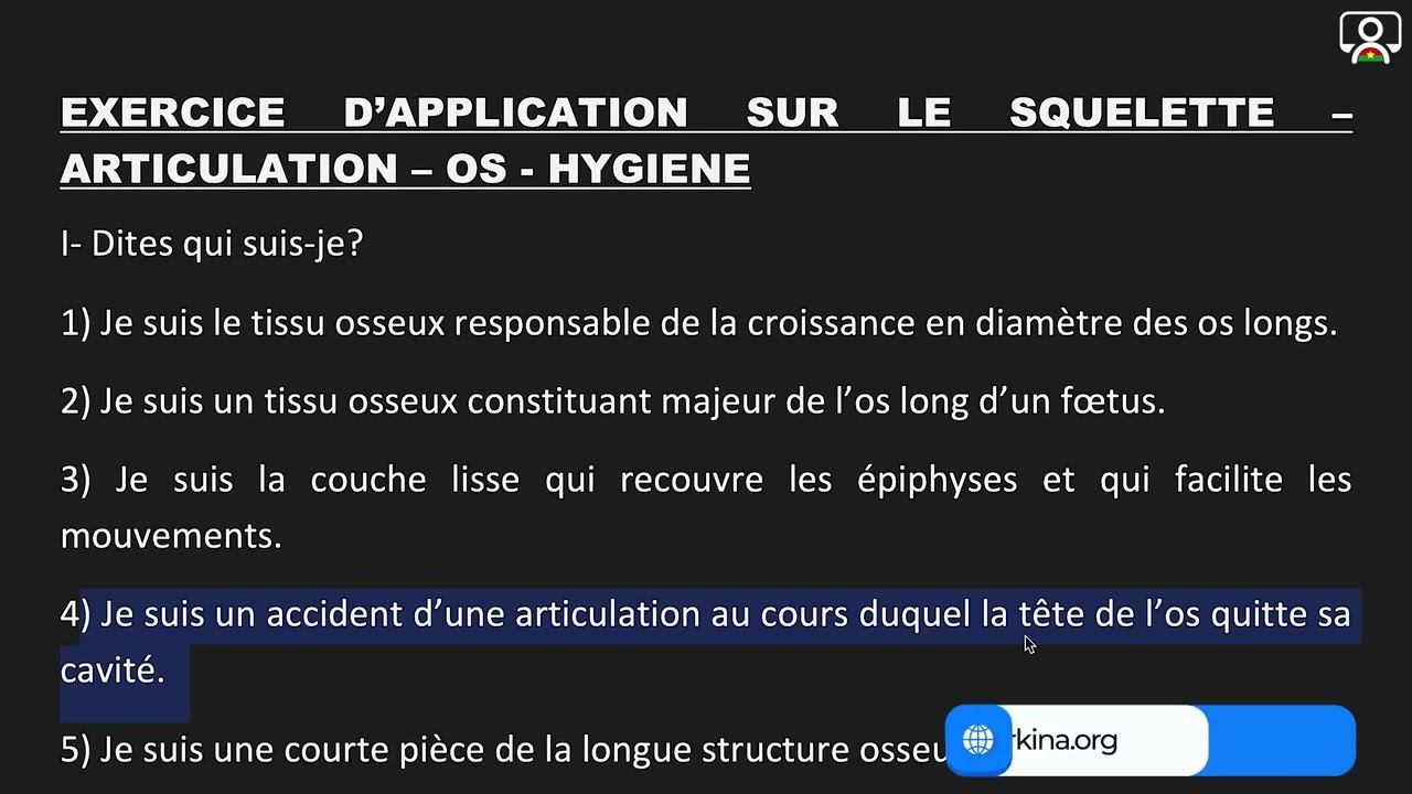Exercice - 3e - SVT : Le squelette, les articulations, les os, hygiène 1/1