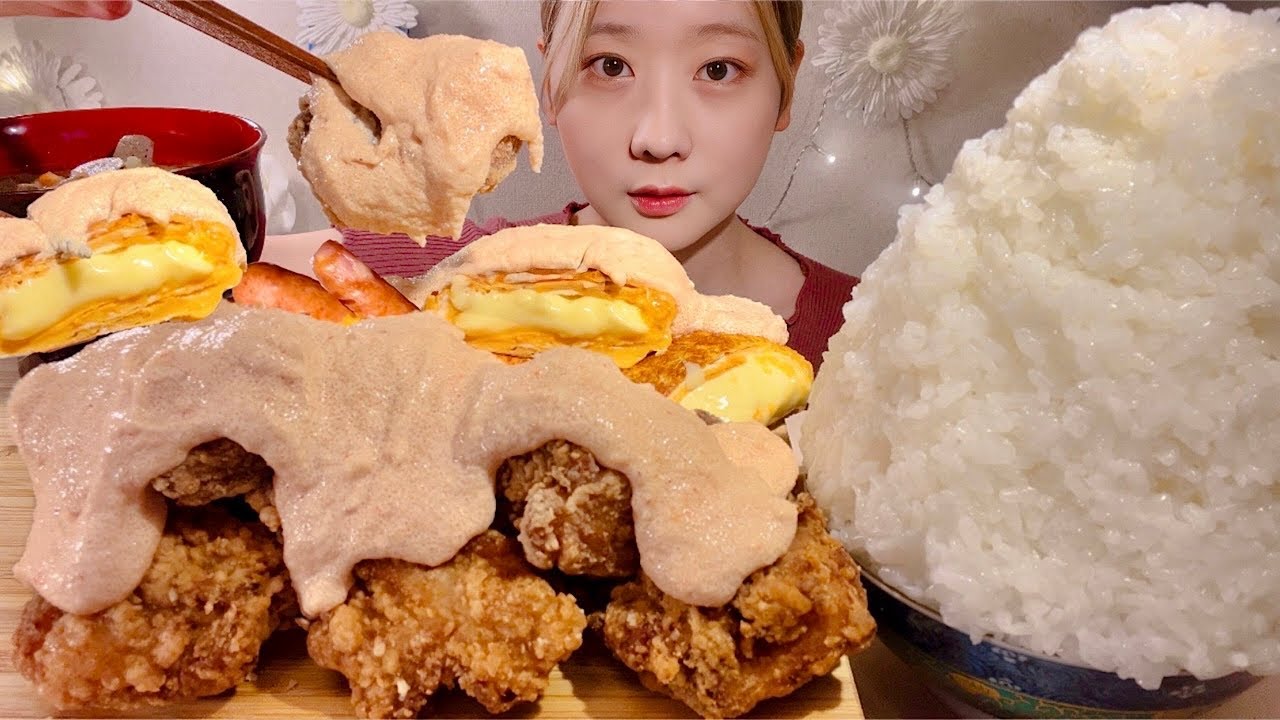 ASMR японская жареная курица Ментаико майонезный соус сырный омлет【Mukbang/ Eating Sounds】