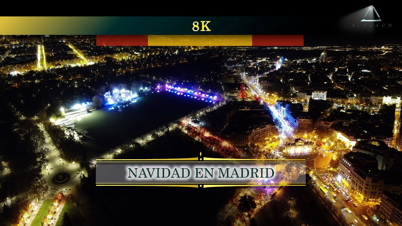 Desde el aire a 8K NOCHE DE NAVIDAD EN MADRID, Parque del Retiro, Puerta de Alcalá y Cibeles 1/3