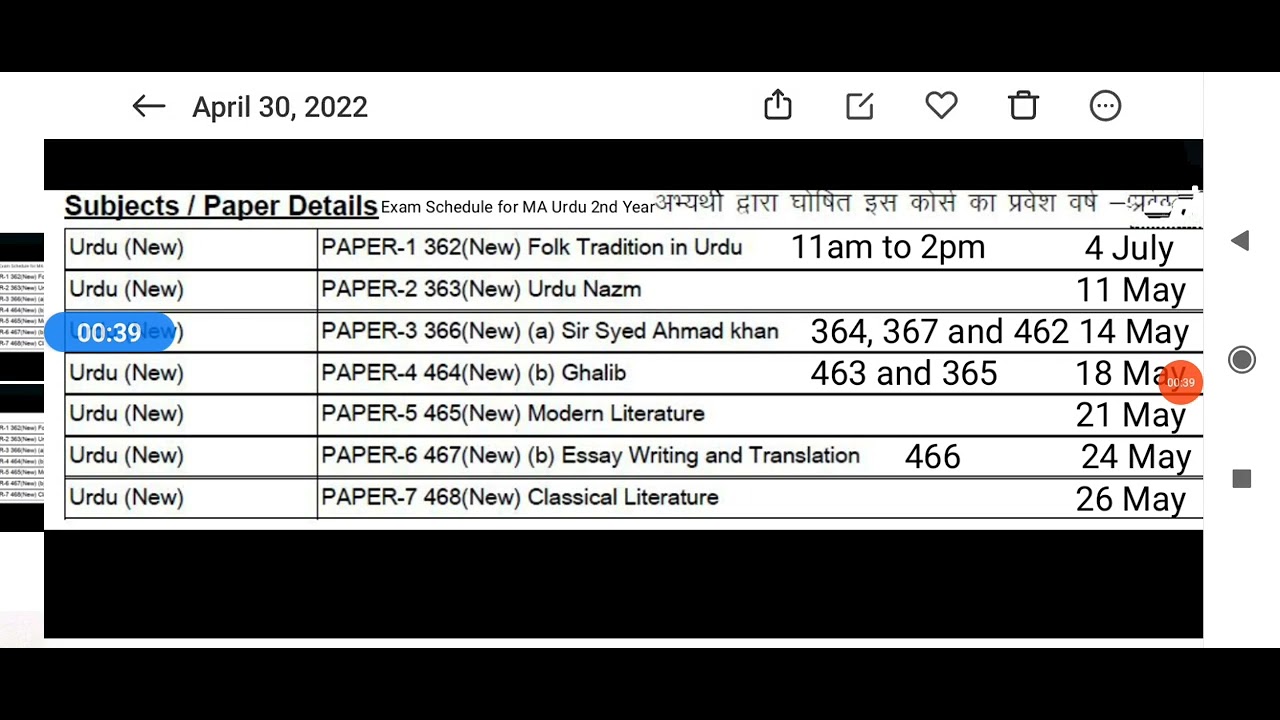 Exam Schedule For MA Second year Urdu 2022 of CCS University Meerut