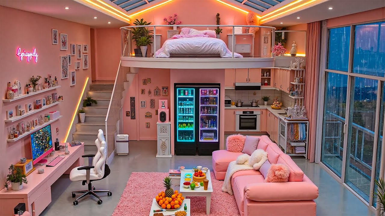 Beautiful pink room design | Relaxing music with rain and thunder sounds for easy sleeping, studying