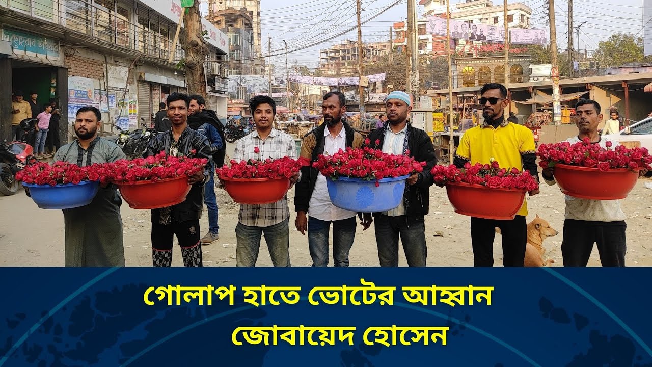 গোলাপ হাতে ভোটের আহ্বান জোবায়েদ হোসেন শাকিলেরনেতৃত্বে ময়মনসিংহ সদরে ধানের শীষের জন্য লিফলেট প্রচারণা