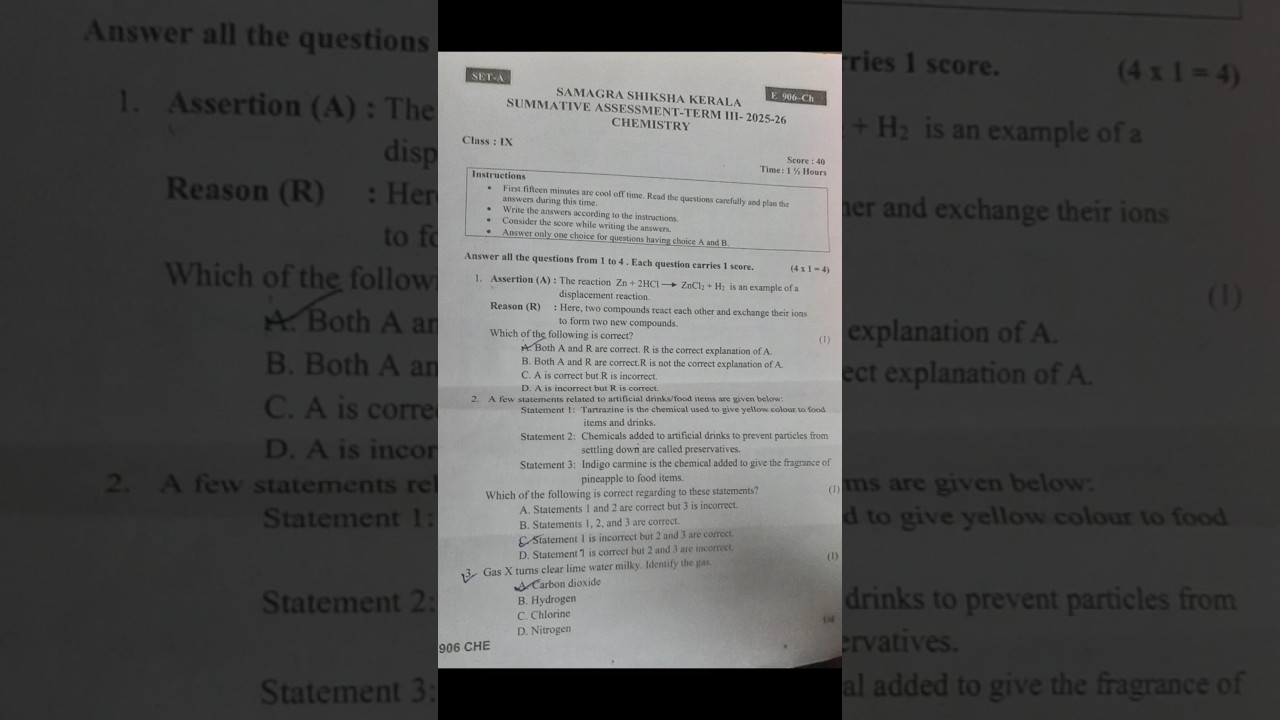 Chemistry ||Class 9 || Final Exam || Answer Key