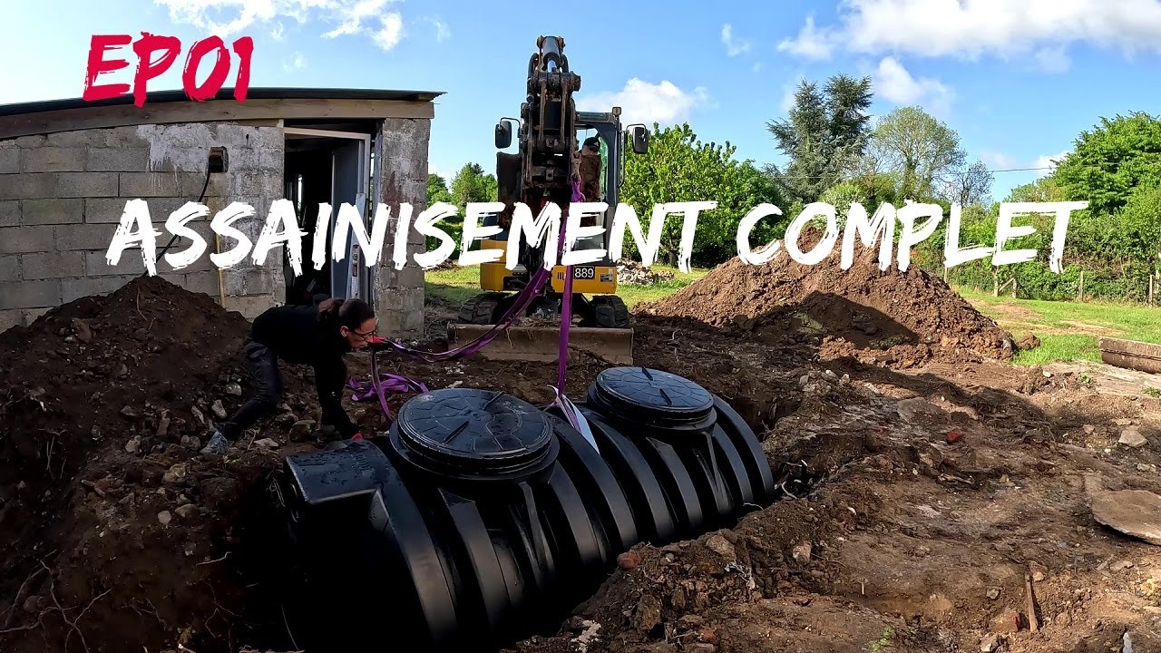 installation d'un assainissement complet, fosse septique, pompe de relevage et drainage