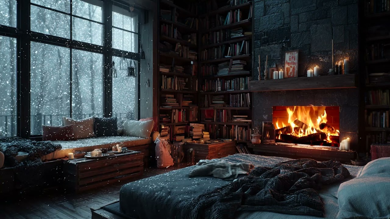 Cozy Fireplace & Gentle Snowfall ❄️ Peaceful Winter Night Ambience