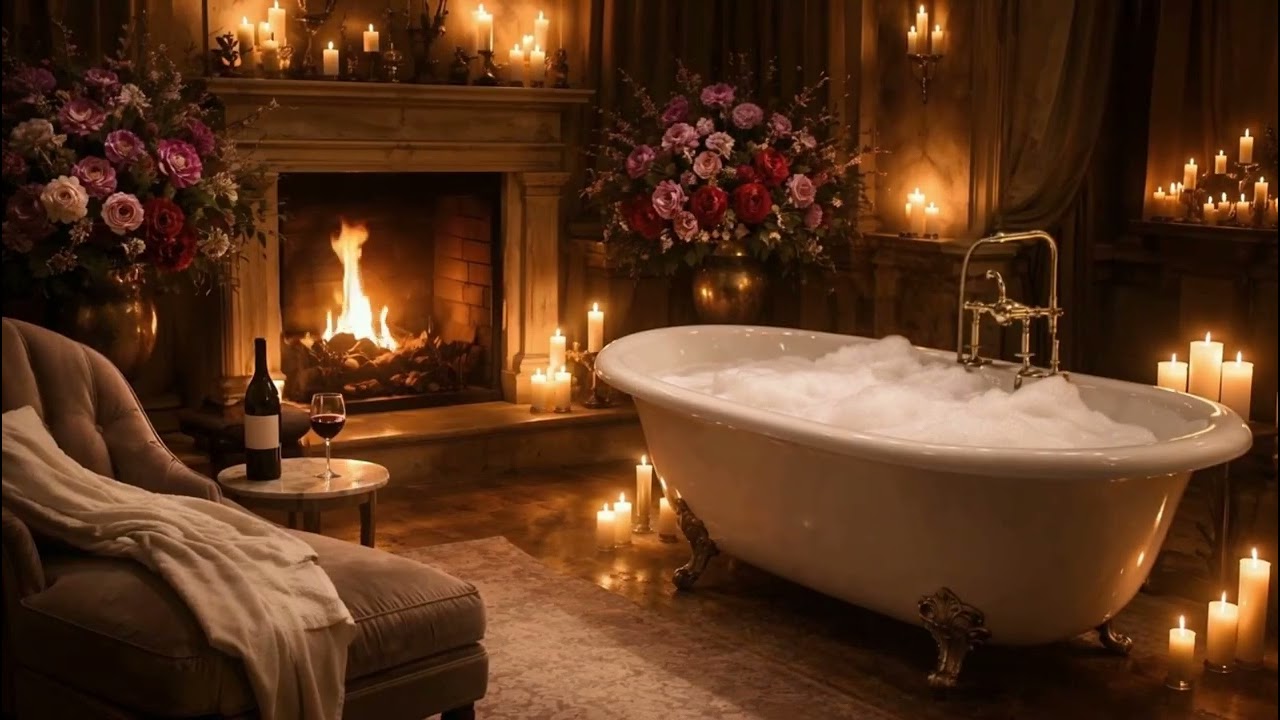 A Rose-Toned Evening Luxury Bath Suite | Fireplace Ambience | Focus & Relax (3 Hours)