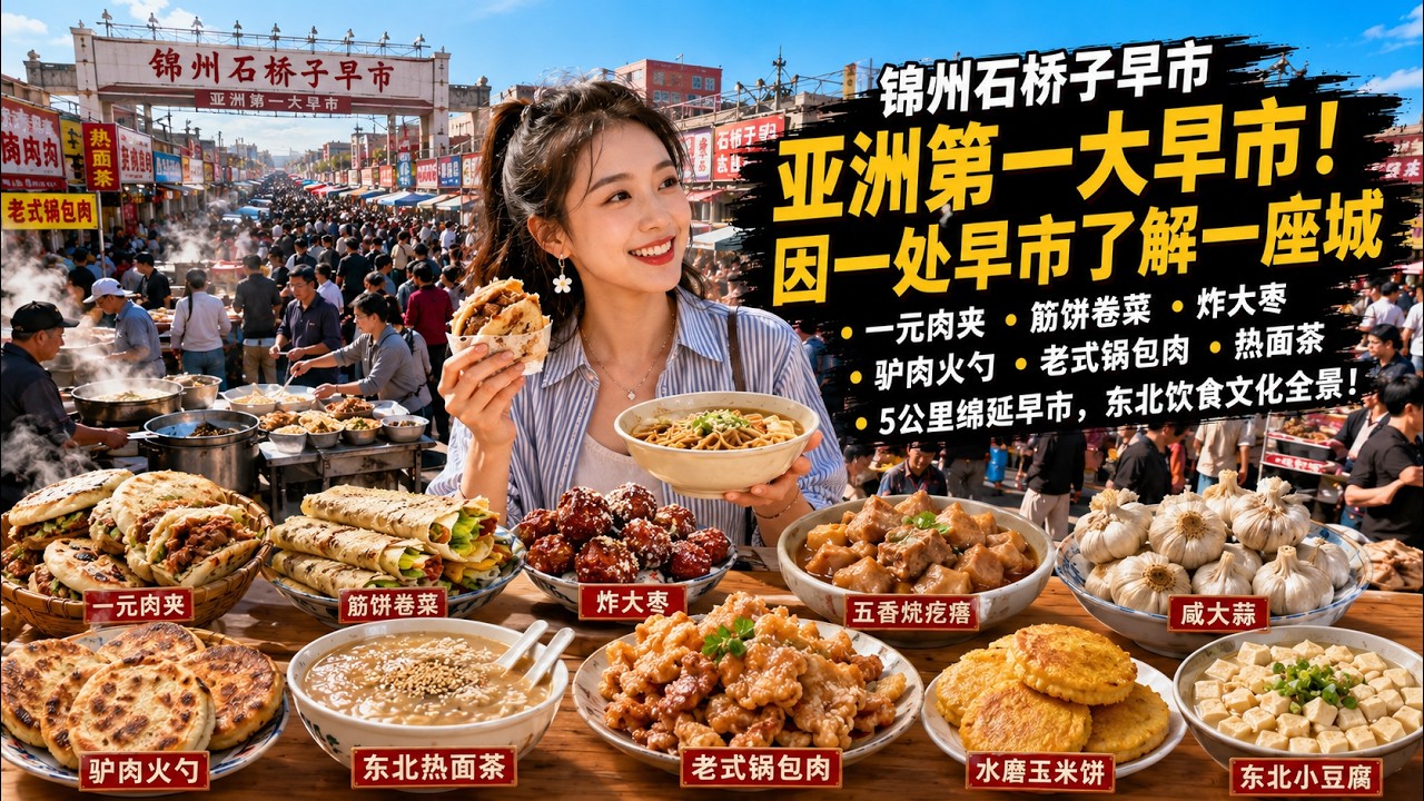 锦州石桥子早市 绵延五公里的亚洲最大早市 因一处早市了解一座城 全景式了解东北独特的饮食文化 一元肉夹 筋饼卷菜 炸大枣 五香烀疙瘩 咸大蒜 驴肉火勺 东北热面茶 老式锅包肉 水磨玉米饼 东北小豆腐