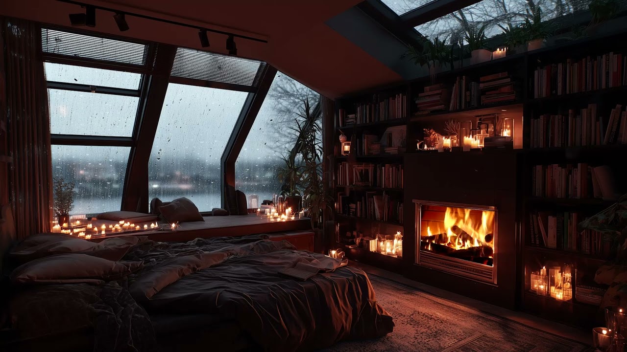Cozy Fireplace & Soft Rainfall 🌧️ Relaxing Sleep Ambience