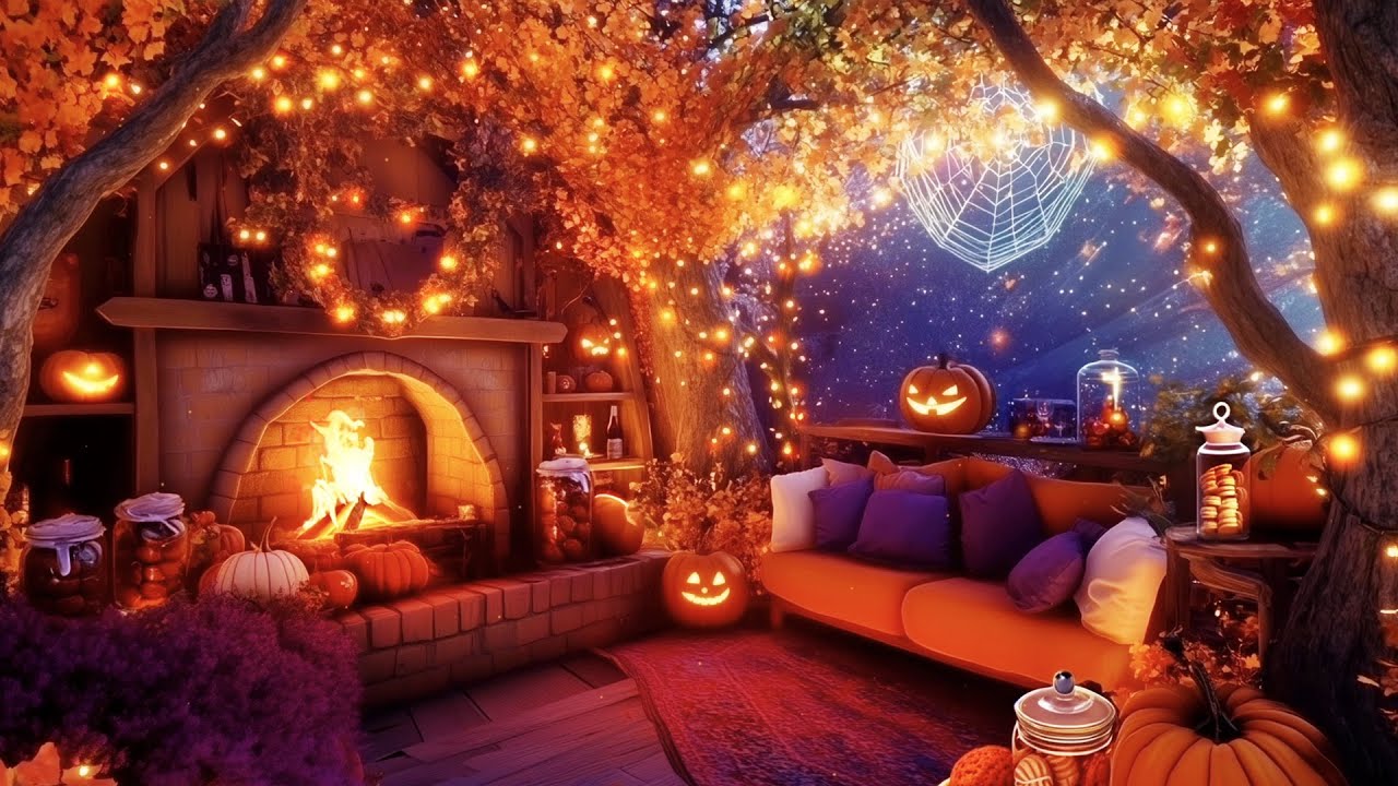 Magical Halloween Ambience 🎃👻 Cozy Fireplace Sounds 8h & Glowing Pumpkins for a Spooky Night