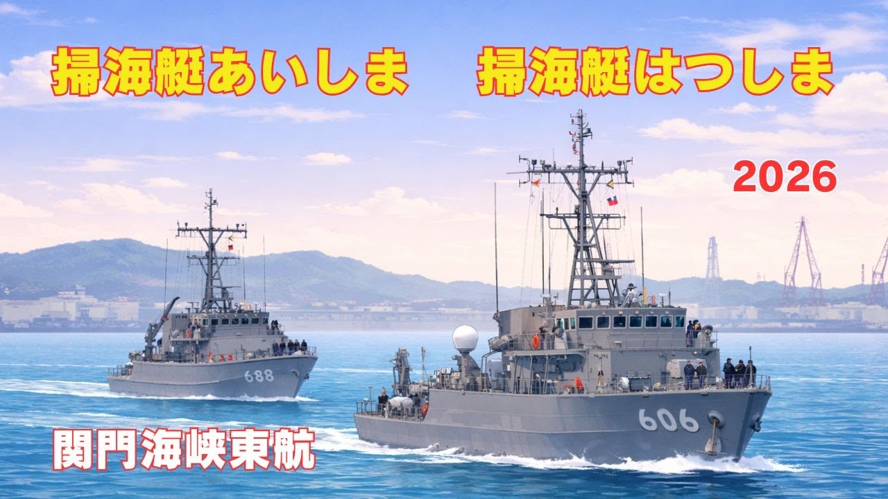 海上自衛隊掃海艇はつしま＋あいしま 関門海峡を東航 / JMSDF minesweeper MSC-606 JS HATSUSHIMA and MSC-688 AISHIMA - 2026