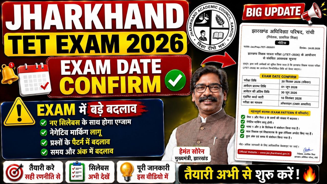 Jharkhand TET 2026 🚨 Exam Date को लेकर बड़ी खबर | JAC Latest UpdateJTET Exam Date 2026 | 