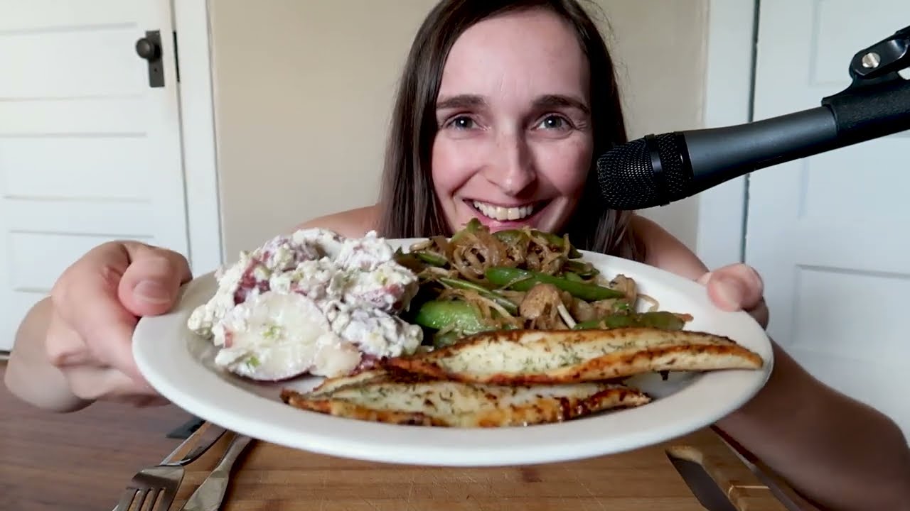 Eating Potato Salad, Fish & Sugar snap Stir-fry ~ Whispered ASMR