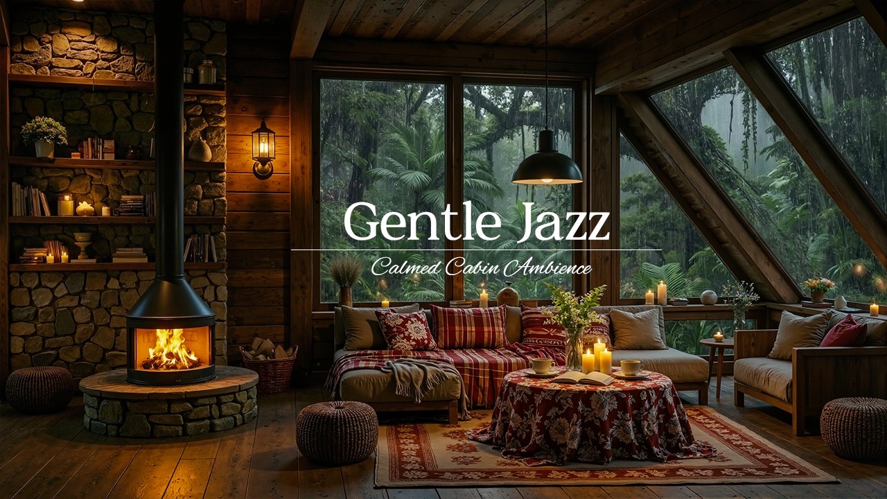 Relaxing By The Forest In Cozy Cabin Ambience With Tranquil Jazz & Gentle Rain for Healing Mood,Work