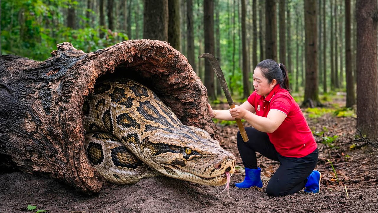 Shocking! Giant Python Lurking in the tree trunk - The brave woman was attacked by a python