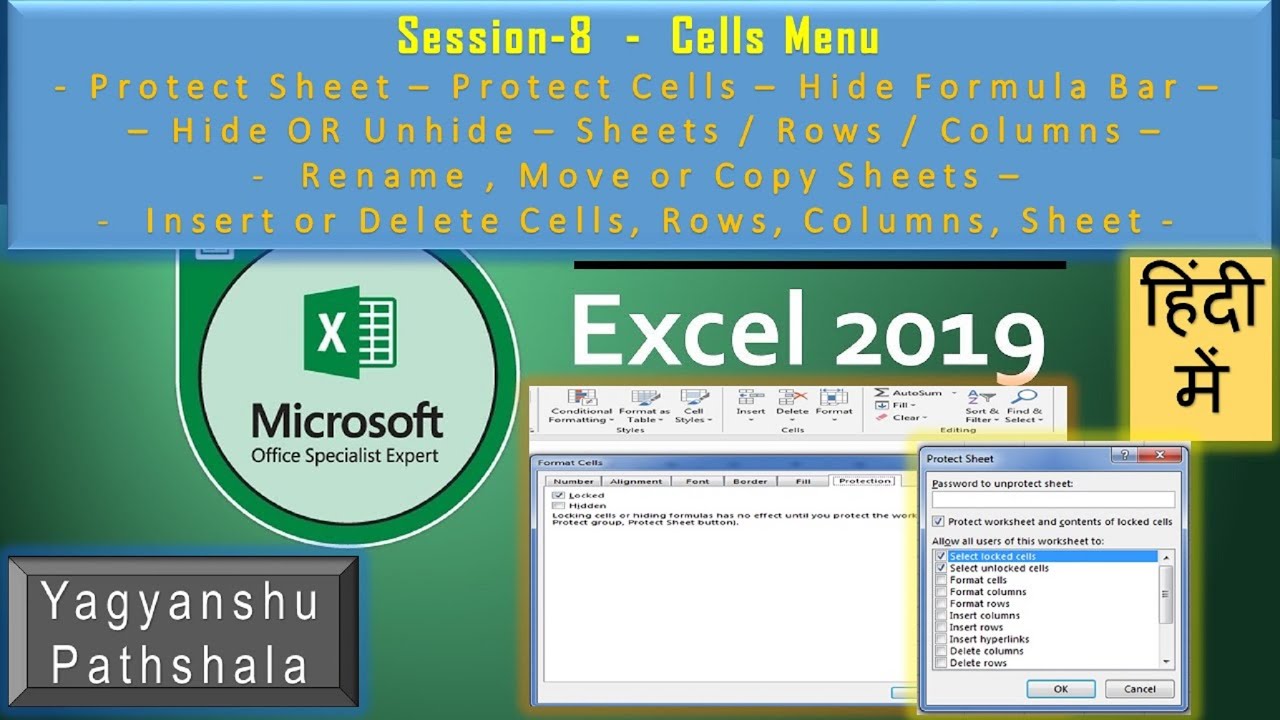 How to use Cells Menu in MS Excel 2019, Protect Sheet, Protect Cells, Hide Formula, Insert Cells