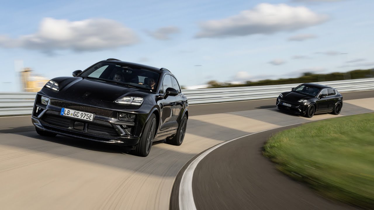 Electric Porsche Macan 2024 on race track, offroad. Dynamic driving, engine sound, acceleration EV