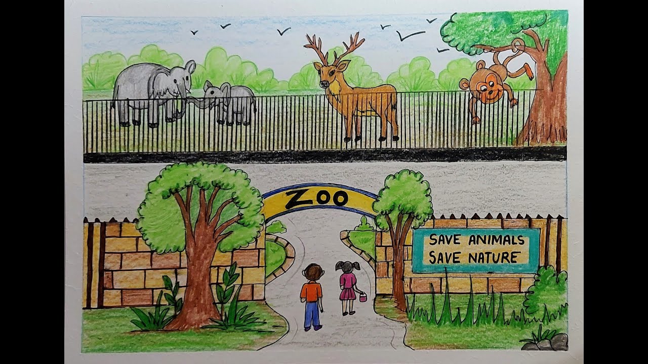 How to draw a Zoo scenery drawing step by step l Zoo scenery drawing easy