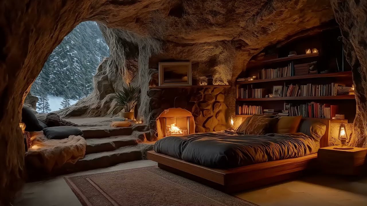 Soothing Cozy Winter Cave Ambience ❄️ | Fireplace Crackling & Blizzard Sounds for Sleep & Calm