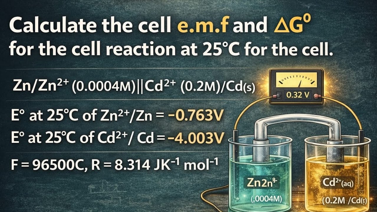 Calculate the cell e.m.f and G for the cell reaction at 25°C for the cell.Zn/Zn²+ (0.0004M)||Cd²+