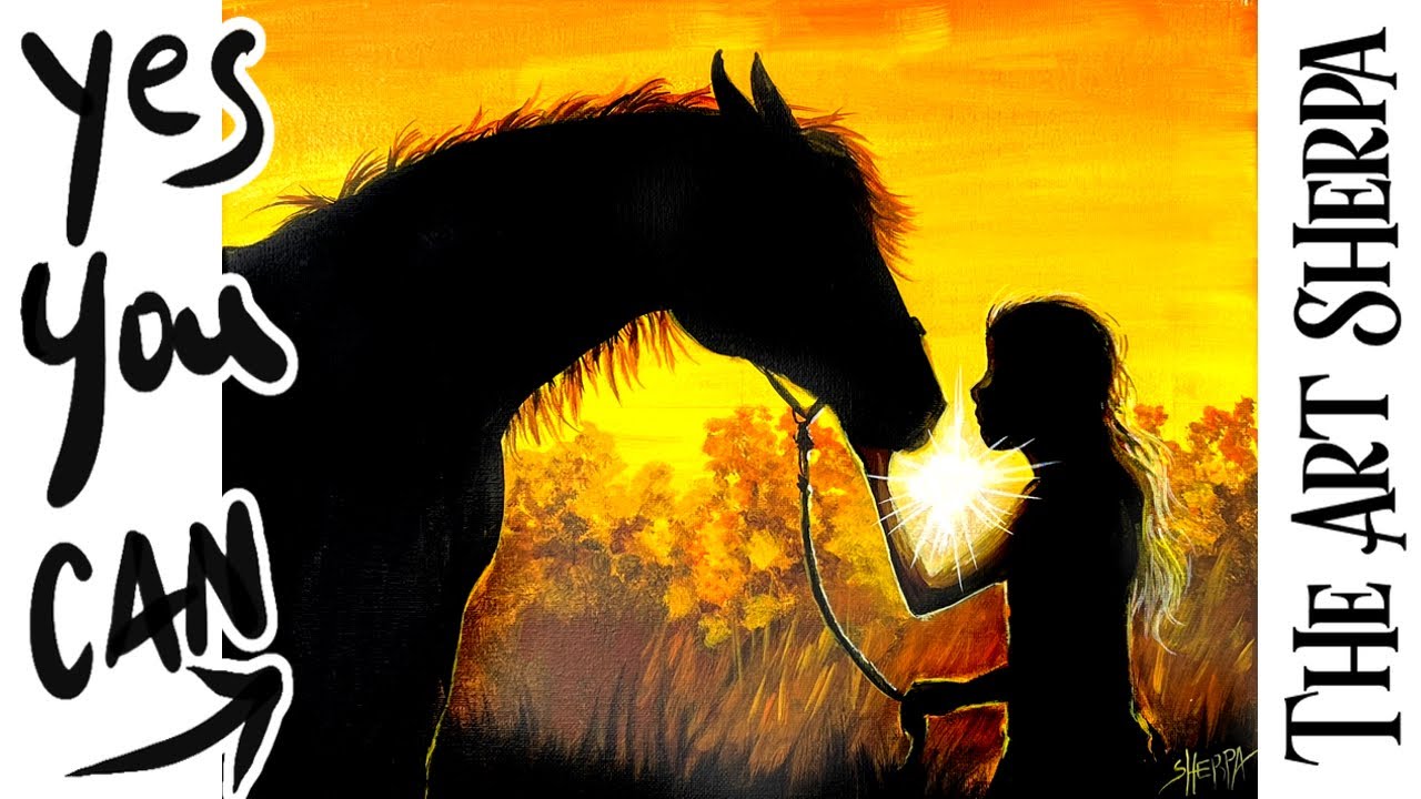 How to Draw and Paint A horse and girl At Sunset 🎨  EASY acrylics for beginners: Paint Night at Home