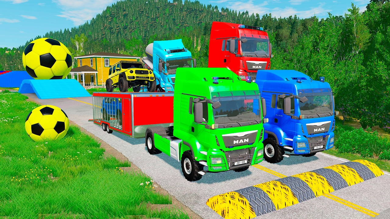 Triple Flatbed Trailer McQueen Transportation with Truck - Speedbumps vs Cars vs Train - BeamNG 0132