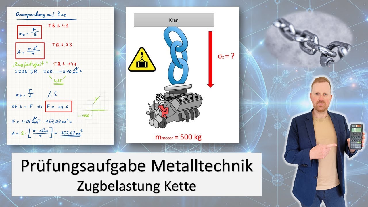 Prüfungsaufgabe Metalltechnik 15 | Zugbelastung Kette - Zugkraft - Gewichtskraft berechnen